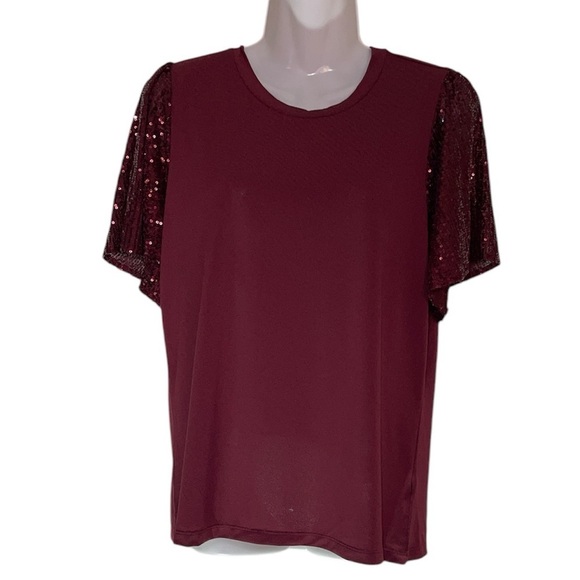 Michael by Michael Kors burgundy with sequin short sleeves top sz M - Picture 1 of 7